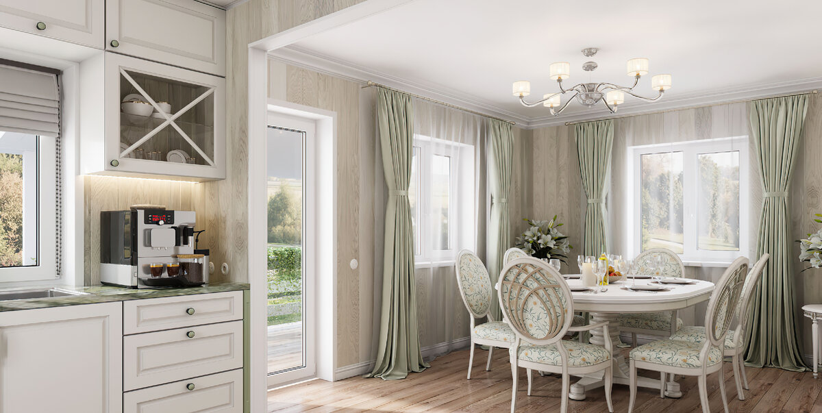 Двухстворчатые окна в столовой дома «Богатырь ЛК 1»