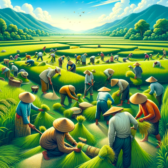 традиционный процесс сбора урожая риса на зеленом, пышном рисовом поле. На сцене изображены работники в соломенных шляпах и простой одежде, которые наклоняются и аккуратно срезают стебли риса с помощью ручных серпов. На фоне представлено пространство рисового поля с зрелыми растениями риса, тяжелыми от зерен, под ясным голубым небом. Некоторые работники связывают срезанные стебли, в то время как другие транспортируют их для обмолота. Эта иллюстрация подчеркивает гармонию между человеком и природой, демонстрируя тяжелый труд и преданность, заложенные в культивировании риса, и оживляет древние практики, которые продолжают кормить миллионы