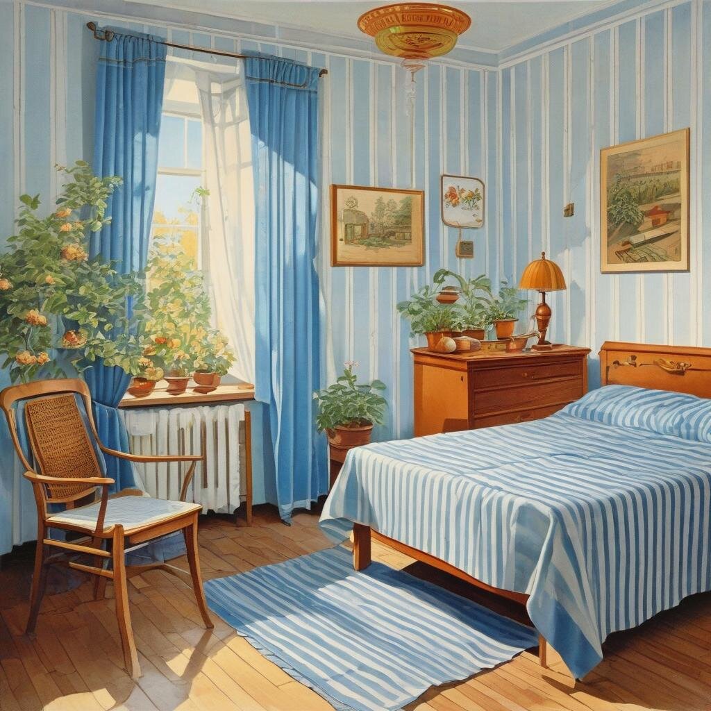 Вот тут я не против и пожить. Все уютно, гармонично, тепло и свежо. Много зелени. Высокие потолки - отсылка к сталинским квартирам 50-х. Большой комод. Правда, открывать его неудобно при такой планировке. Картины порадовали. Точно 50-е.