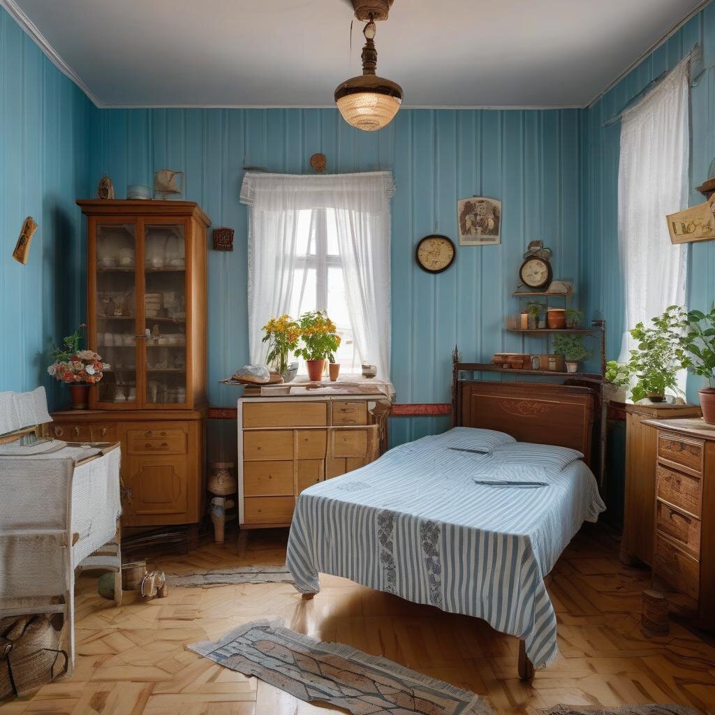 Очень странная мебель кажется ломаной. Не поняла для чего белый столик слева. Как вариант - это изображен пеленальный столик. Но была ли такая роскошь в советское время. Кровать стоит под углом. Насколько это правдоподобно? В углу не очень удобно убираться. В остальном - достаточно просто и уютно, как у бабушки.