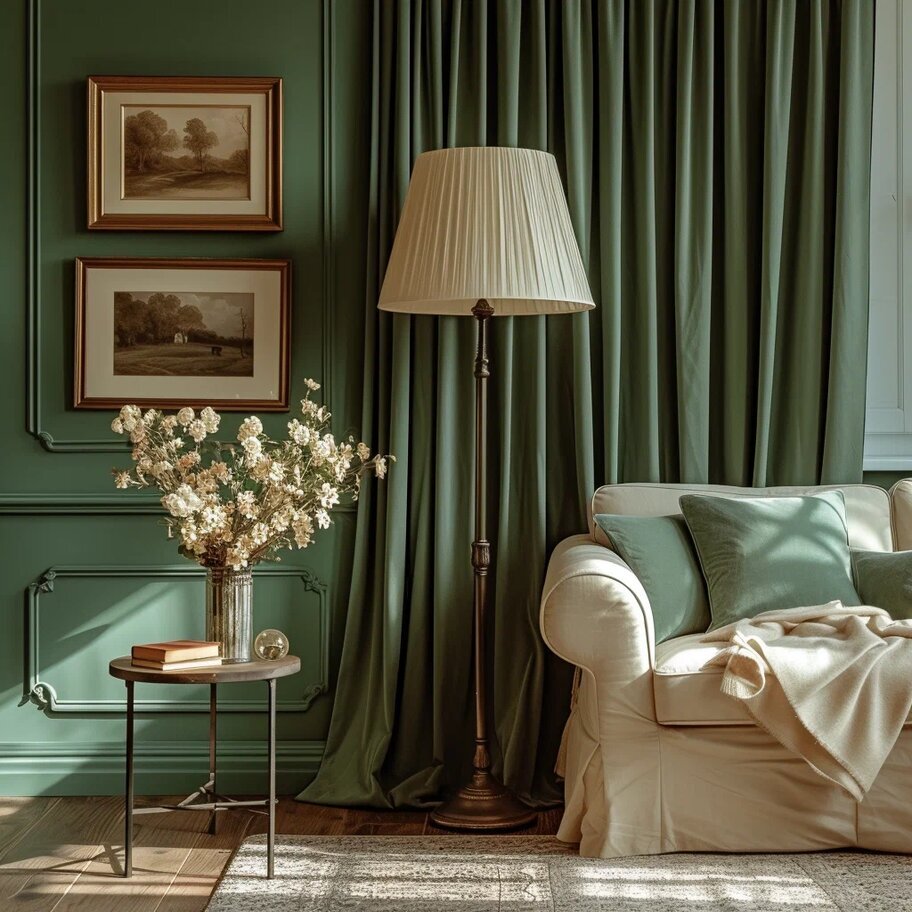 Бархат штор перекликается с обивкой подушек