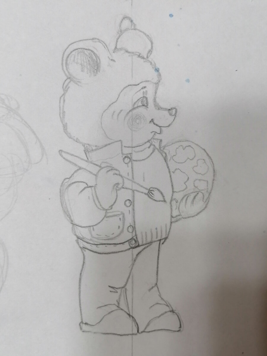 Эскиз медвежонка с палитрой и кистью. 