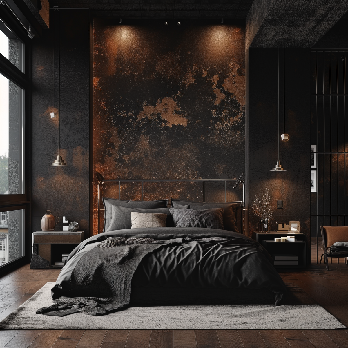 В спальне темные оттенки выглядят особенно эффектно