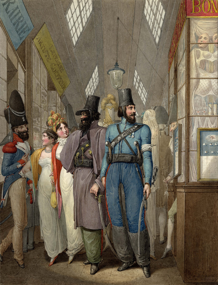Прогулка казаков по галерее с лавками и магазинчиками. Париж. 1814. Опиц Г.-Э. 1815 г.
