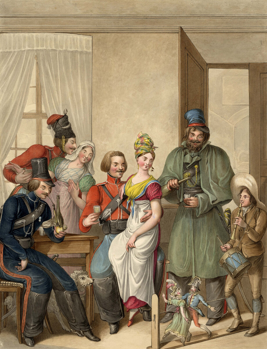 Кукольное представление в кафе. Париж. 1814. Опиц Г.-Э. 1815 г.