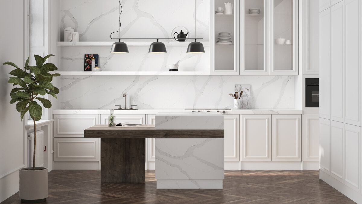 Выразительные тонкие жилы кварцевого камня Calacatta Borghini от Quantra Quartz