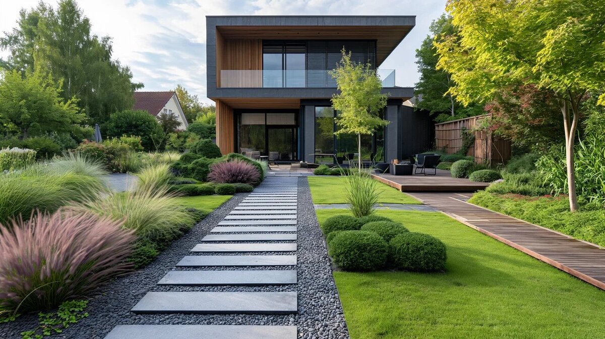 Дорожка из бетонных плит - сдержанное решение