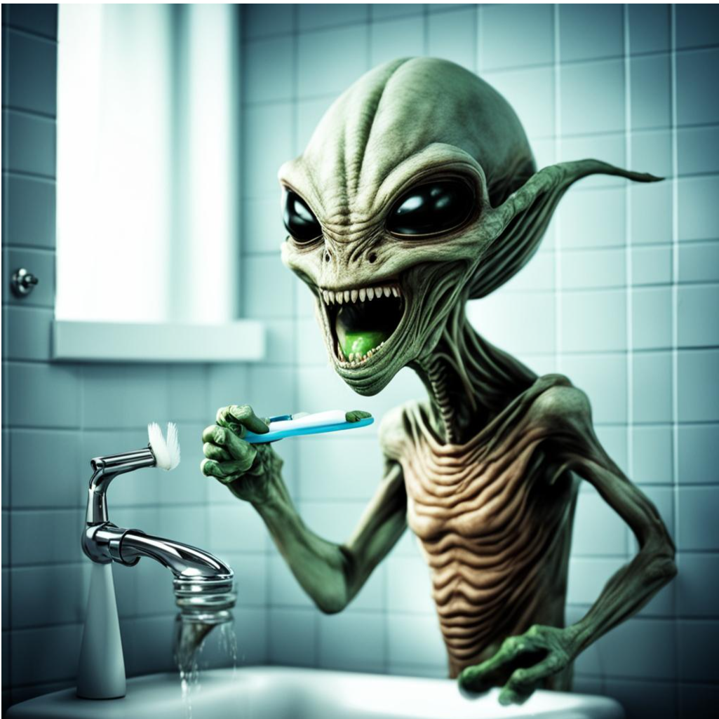 Инопланетянин чистит зубы.