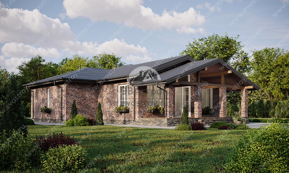 Проект одноэтажного дома из газобетона с тремя спальнями и террасой - LK-99