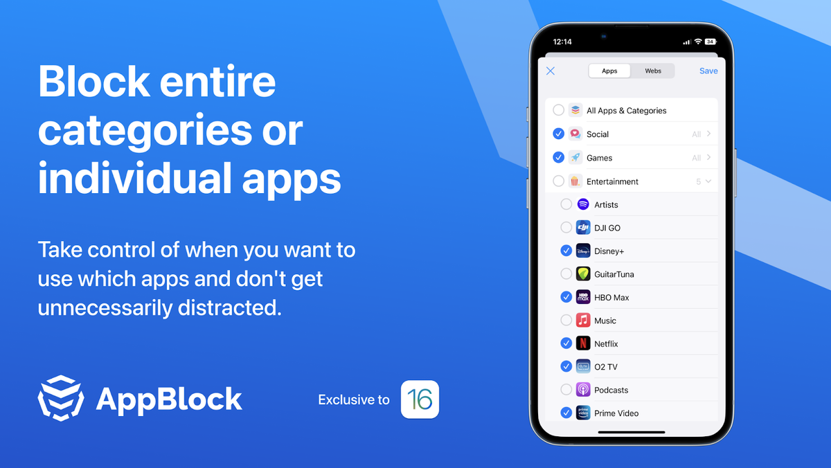 Есть специальные сервисы для блокировки приложений. Например, в AppBlock можно заблокировать отдельную категорию — соцсети, игры или контент.