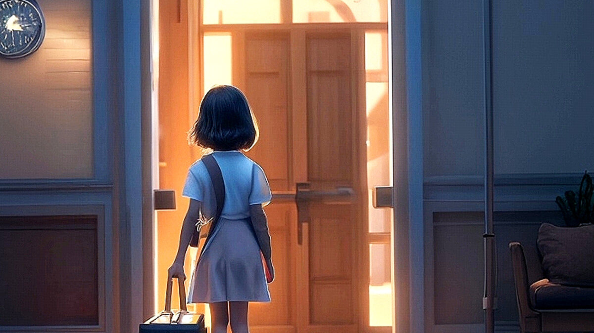 Галя идёт рл подъезду.