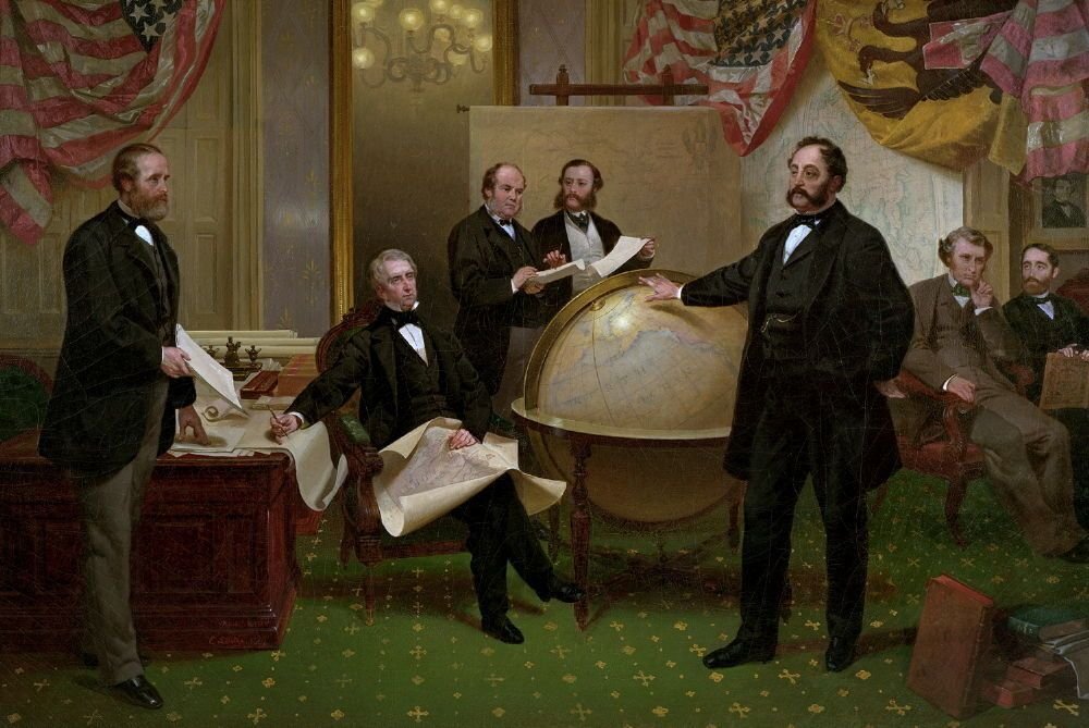 Подписание договора о продаже Аляски. Худ. Э. Лойце, 1868 г. (барон Стёкль на переднем плане)