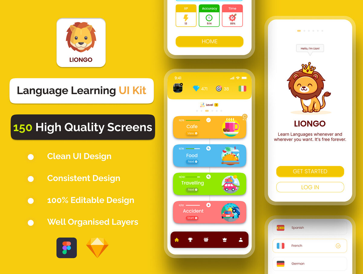 💡​​​​​​​ About UI KIT 
🌍 Dive into the world of language learning with LionGo Language Learning UI Kit! Featuring an extensive collection of 150 meticulously crafted screens, this kit offers pixel-perfect precision for an immersive language learning experience.

Effortlessly navigate through organized layers 📂, meticulously structured to streamline your workflow and enhance productivity.

Our global style guide 🎨 ensures consistency across every screen, whether you're in Dark Mode or Light Mode, creating a seamless visual experience for learners worldwide.

Discover the perfect balance of aesthetics and functionality with our curated selection of ideal fonts 🖋️, designed to enhance readability and elevate the overall user experience. And with easy customization features, tailor your language learning app to suit your unique preferences with just a few clicks.

Whether you're a beginner or advanced learner, LionGo empowers you to master new languages with confidence. Start your journey today with LionGo Language Learning UI Kit, available for Sketch and Figma. 🦁📚



💎 Download LionGo Figma & Sketch UI Kit
https://www.behance.net/gallery/194999283/Language-Learning-UI-Kit-LionGo-Figma-UI-Kit




Need a Wonderful Design for your Business ?


📩 Feel free to mail me: pyotrk1@gmail.com