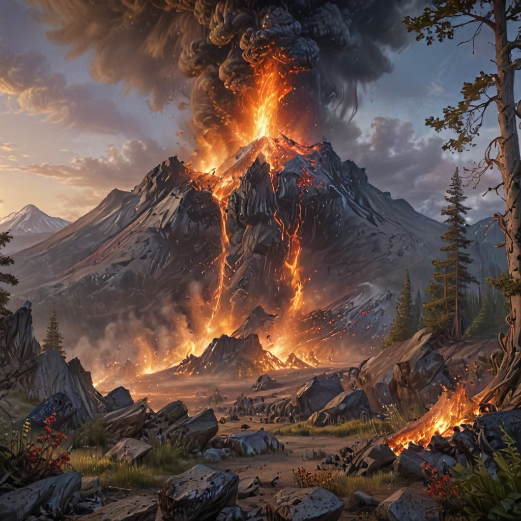 The scene opens up to a breathtaking view of Mt. St. Helens, Washington State, as the sun rises on the horizon. Suddenly, the tranquility of the morning is shattered by a violent eruption from the volcano. Lava, ash, and smoke shoot up into the sky as the ground rumbles and shakes. 
The details of the eruption are insanely realistic, as if you were standing right there witnessing it yourself. Every inch of the mountain is hyper-detailed, from the crevices on the rocks to the veins on the leaves of nearby trees.

The artwork is created by a collaboration of talented artists using various rendering engines such as Unreal Engine 5, Frostbite 3, and CryEngine, resulting in an insanely detailed and ultra-realistic masterpiece.

Dynamic lighting and volumetric effects add depth and texture to the scene, making the eruption even more awe-inspiring. The colors used in the painting, triadic and bold, add to the drama of the scene.

The level of intricacy and detail in the painting is unmatched, with every element carefully crafted to create a stunning work of art. This is a splash art that belongs on ArtStation, created by the likes of Greg Rutkowski, Artgerm, WLOP, Alphonse Mucha, and Unreal Engine 5.