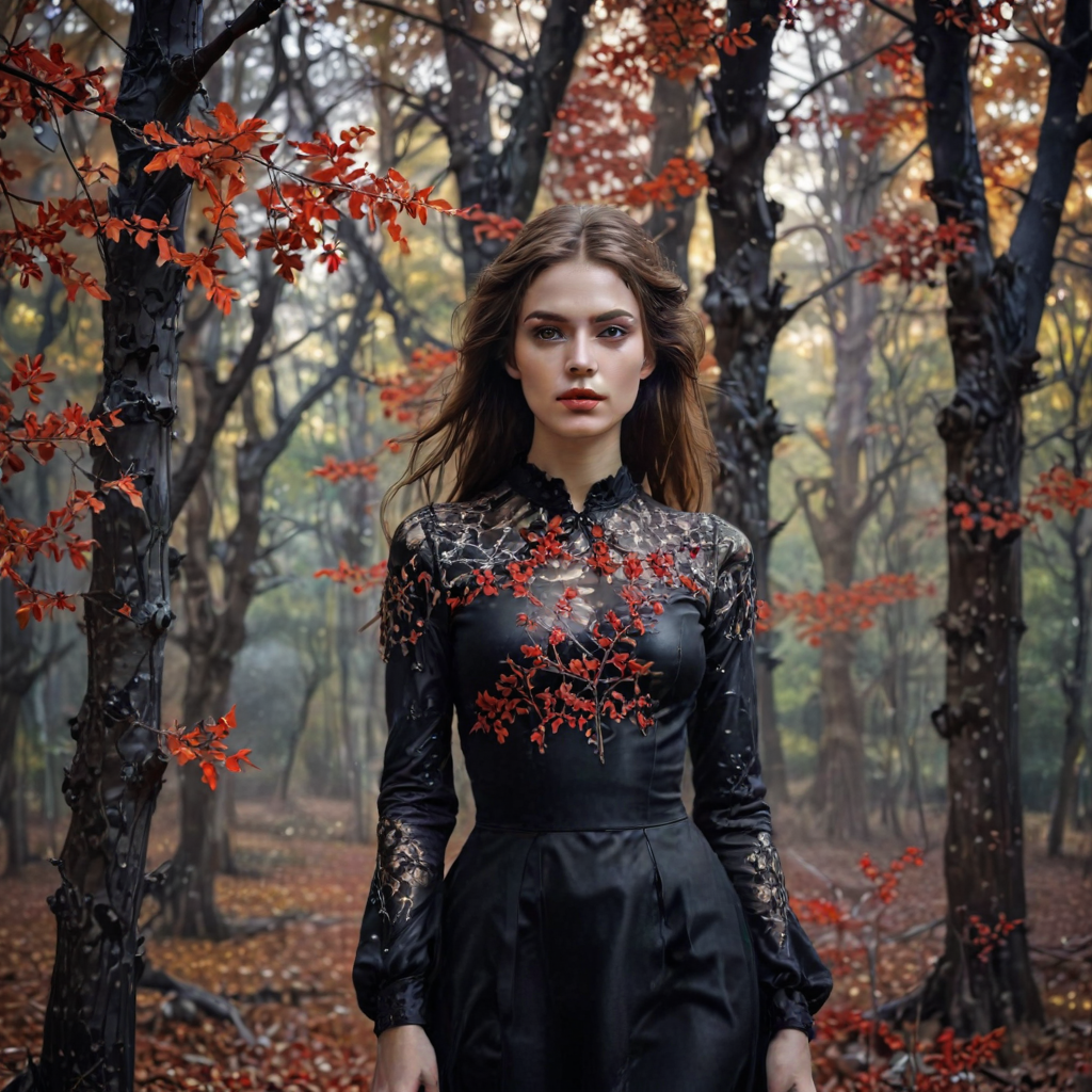 A beautiful young lady, beautiful face, wearing black dress, a ghostly forest of white trees with red leaves background, god rays through the tees, rim lighting, foggy bleak mood art by Rebeca Saray, Michael Creese, Frank Cadogan Cowper, Yves Saint-Laurent, Thomas Edwin Mostyn, Hiro isono, James Wilson Morrice, Axel Scheffler, Gerhard Richter, pol Ledent, Robert Ryman. Guache Impasto and volumetric lighting. Mixed media, elegant, intricate, beautiful, award winning, fantastic view, 4K 3D, high definition, hdr, focused, 