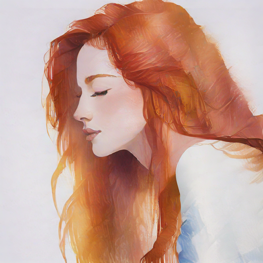 a pretty young woman, profile picture head to waist, long auburn hair, she looks down thoughtfully with her eyes closed, in the style of a watercolour painting