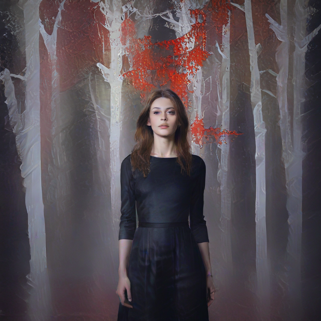 A beautiful young lady, beautiful face, wearing black dress, a ghostly forest of white trees with red leaves background, god rays through the tees, rim lighting, foggy bleak mood art by Rebeca Saray, Michael Creese, Frank Cadogan Cowper, Yves Saint-Laurent, Thomas Edwin Mostyn, Hiro isono, James Wilson Morrice, Axel Scheffler, Gerhard Richter, pol Ledent, Robert Ryman. Guache Impasto and volumetric lighting. Mixed media, elegant, intricate, beautiful, award winning, fantastic view, 4K 3D, high definition, hdr, focused, 