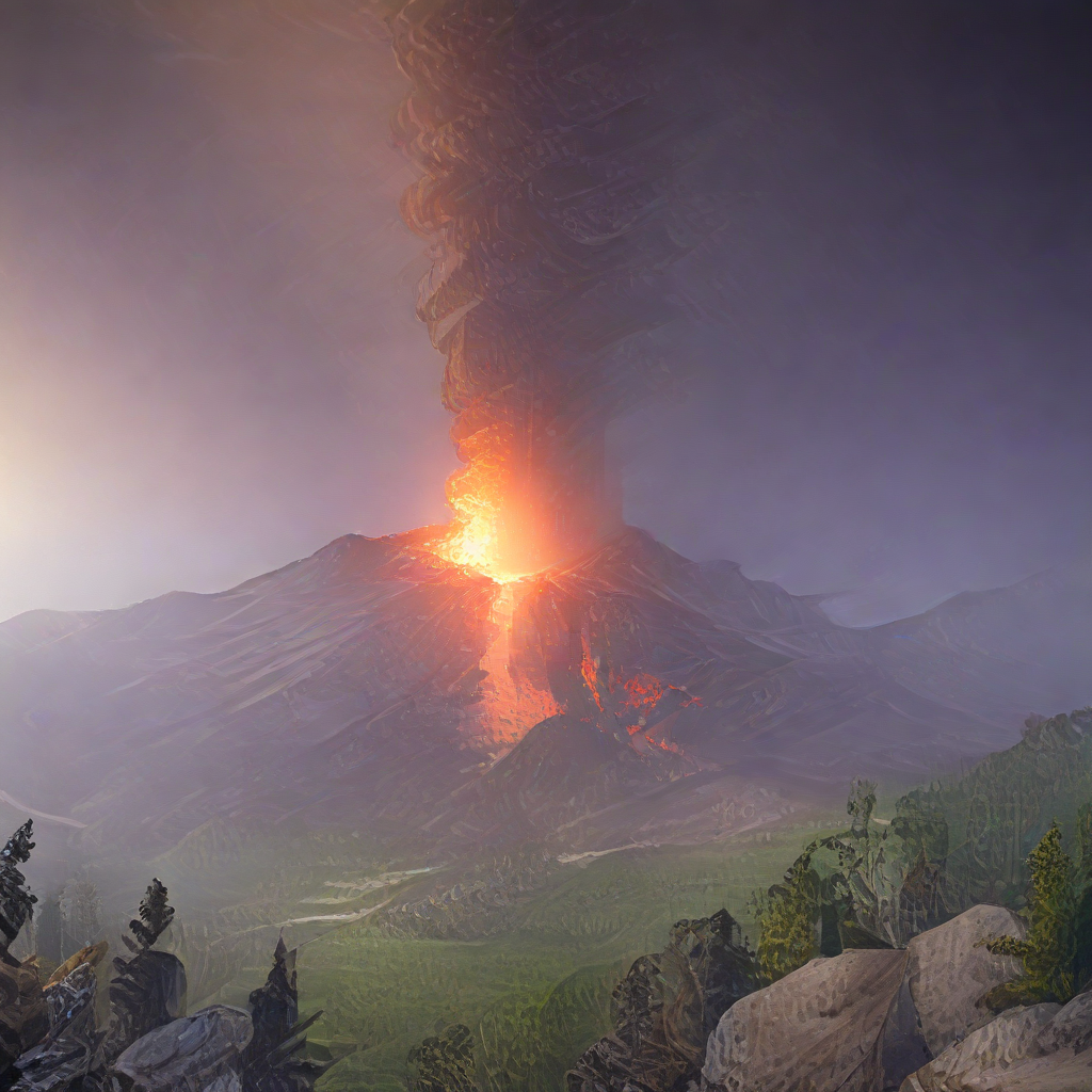 The scene opens up to a breathtaking view of Mt. St. Helens, Washington State, as the sun rises on the horizon. Suddenly, the tranquility of the morning is shattered by a violent eruption from the volcano. Lava, ash, and smoke shoot up into the sky as the ground rumbles and shakes. 
The details of the eruption are insanely realistic, as if you were standing right there witnessing it yourself. Every inch of the mountain is hyper-detailed, from the crevices on the rocks to the veins on the leaves of nearby trees.

The artwork is created by a collaboration of talented artists using various rendering engines such as Unreal Engine 5, Frostbite 3, and CryEngine, resulting in an insanely detailed and ultra-realistic masterpiece.

Dynamic lighting and volumetric effects add depth and texture to the scene, making the eruption even more awe-inspiring. The colors used in the painting, triadic and bold, add to the drama of the scene.

The level of intricacy and detail in the painting is unmatched, with every element carefully crafted to create a stunning work of art. This is a splash art that belongs on ArtStation, created by the likes of Greg Rutkowski, Artgerm, WLOP, Alphonse Mucha, and Unreal Engine 5.