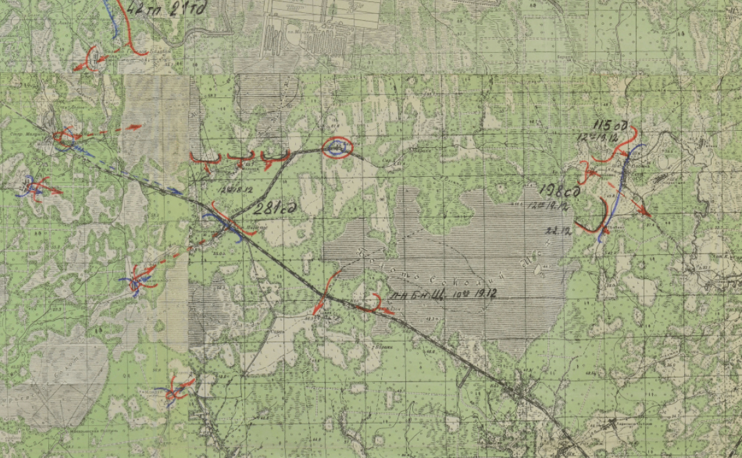Карта положения войск 54-й армии 19 по 22 декабря 1941 года (участок в районе Погостья)