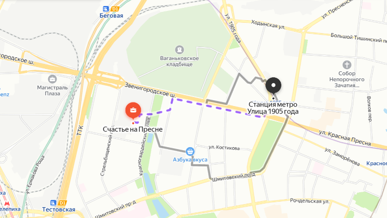 Ближайшая станция метро на карте рядом с «Счастье на Пресне»