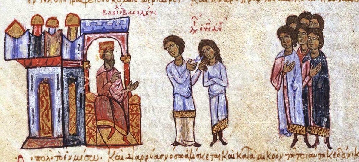 Leo VI (center) and Basil I (left), from the 11th-century manuscript by John Skylitzes