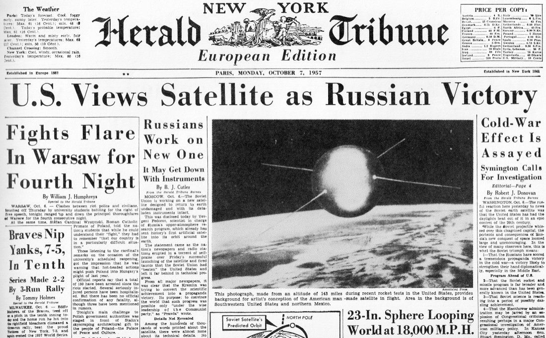 Заметка в газете «Нью-Йорк геральдтрибюн» о запуске советского спутника Земли [14]