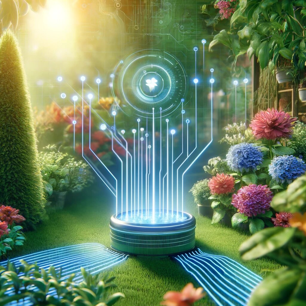 Интеллектуальная система орошения в ярком и цветущем саду.