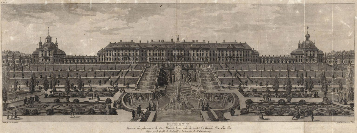 Луи Николя де Леспинас. Петергоф, Нижний парк. 1750-1760 годы. Гравюра по оригиналу Михаила Ивановича Махаева.