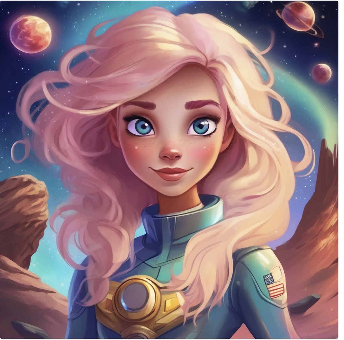 “Meet Aurora Stardust, a fearless space explorer with an insatiable curiosity and a heart as vast as the cosmos. With eyes that sparkle like distant stars and a mind as sharp as a supernova, Aurora travels through galaxies, uncovering hidden mysteries and forging new alliances among the stars.”