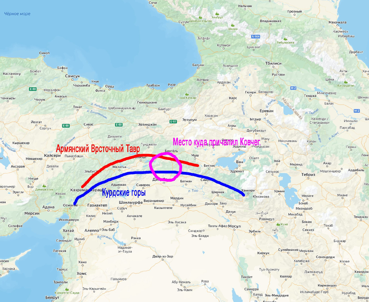 Точное описание расположения Курдских гор я не нашёл, куча всяких вариантов, поэтому примерно так.