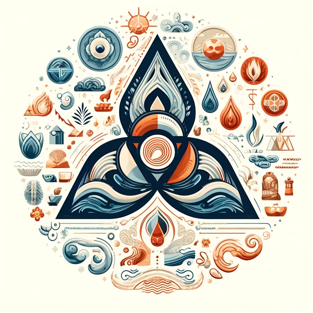 абстрактное изображение, визуализирующее концепцию аюрведических дош — Вата, Питта и Капха. На нём символически представлены элементы, характеризующие каждую дошу, включая воздух и эфир для Ваты, огонь и воду для Питты, землю и воду для Капхи, а также иконки, отражающие различные аспекты жизни человека, на которые влияют доши: питание, сон, активность и эмоции. Дизайн иллюстрирует гармонию и взаимосвязь дош, подчёркивая их влияние на общее благополучие.