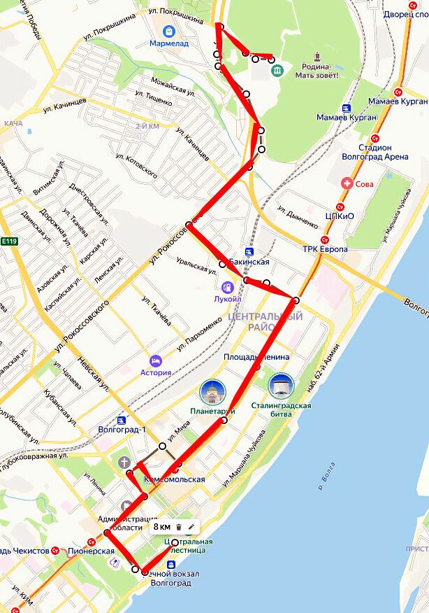 Маршрут Мамаев курган - речной вокзал.