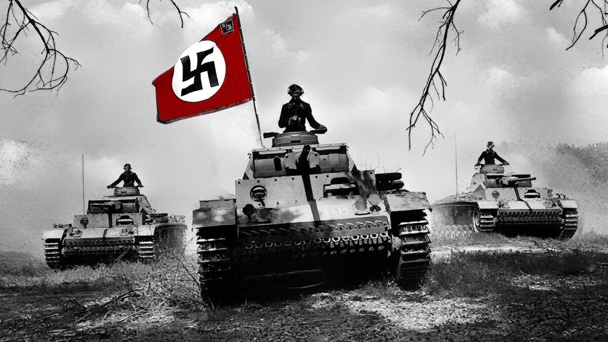 Немецкие танки идут в бой. Источник Яндекс картинки. Фотография обработана автором. Улучшено качество изображения, добавленны элементы.