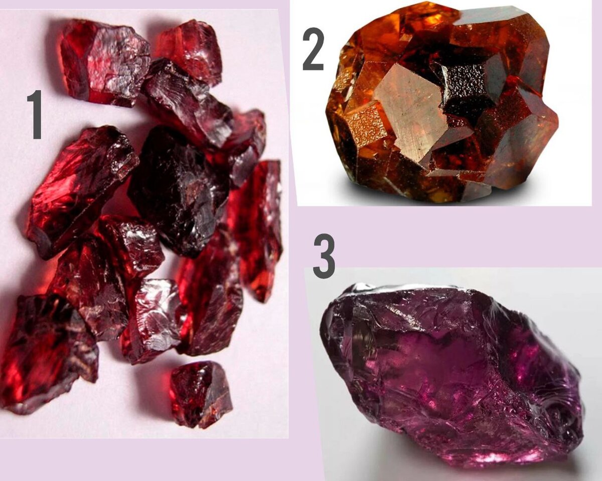На фото: 1 - гранат альмандин, 2 - пироп, 3 -родолит