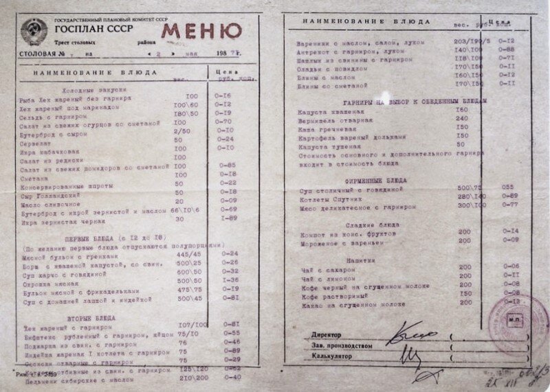 Меню столовой 1987 г. Фото из Интернета.