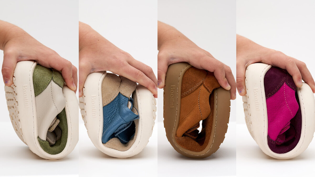 Обуви подстраивается под движение ноги, а не наоборот! Каждый естественный сгиб стопы должен проходить беспрепятственно. На фото детская босоногая обувь Bootini.