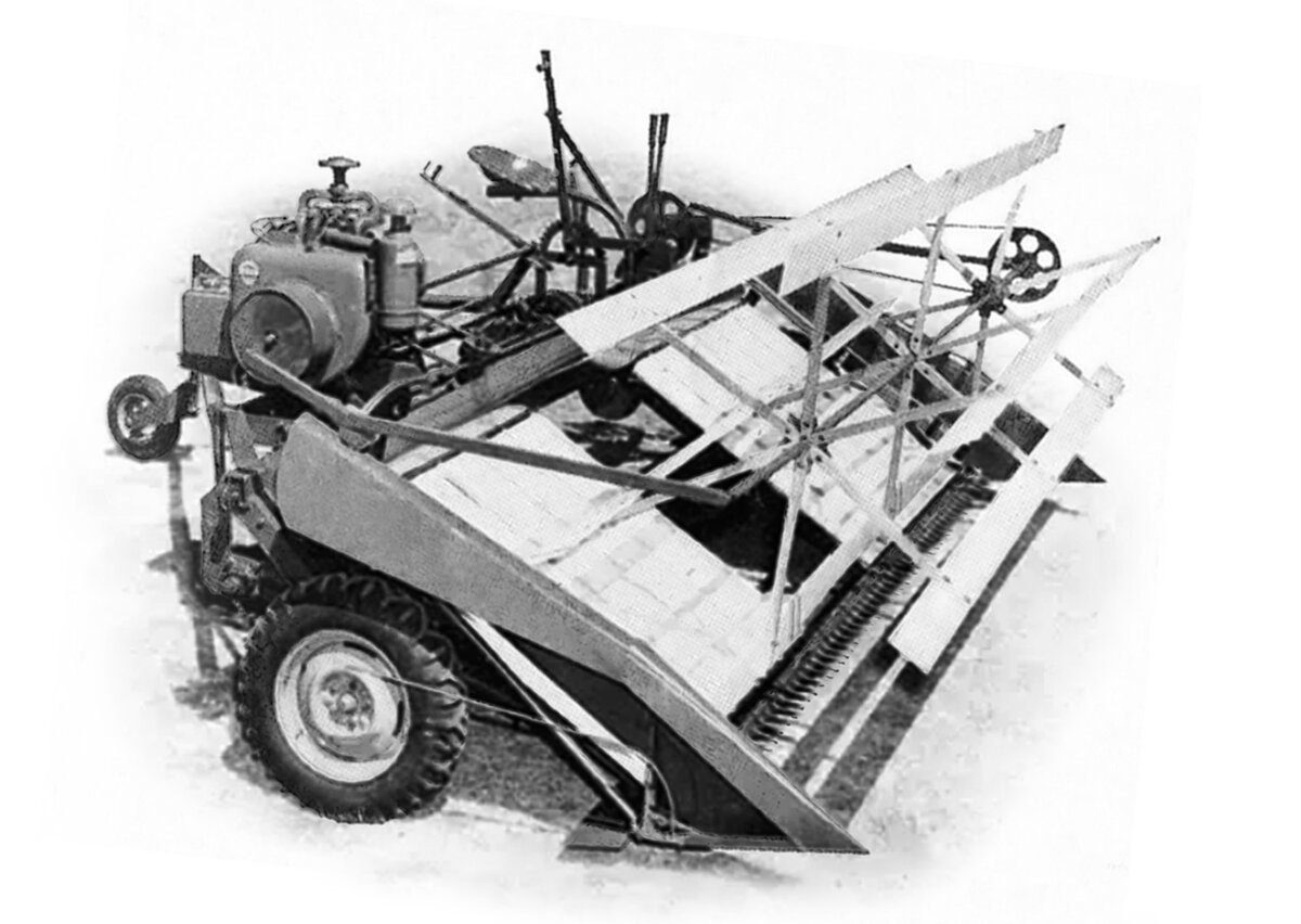 Самоходная валковая жатка Killbery Grain Saver, 1951 год. Хорошо видно, что на рабочем месте оператора (слева) отсутствует руль: жатка управлялась парой рычагов - как гусеничный трактор.