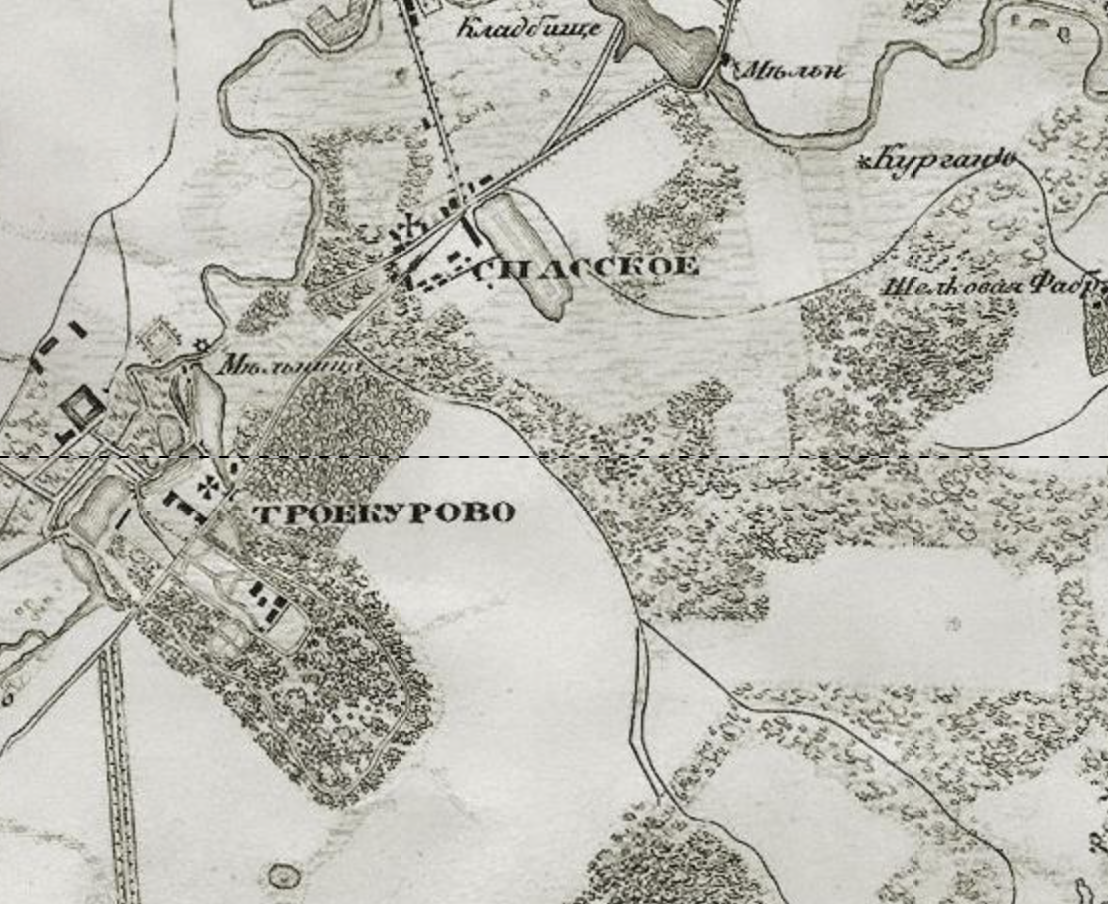 Село Троекурово на карте окрестностей Москвы 1878 года. С сайта www.retromap.ru.