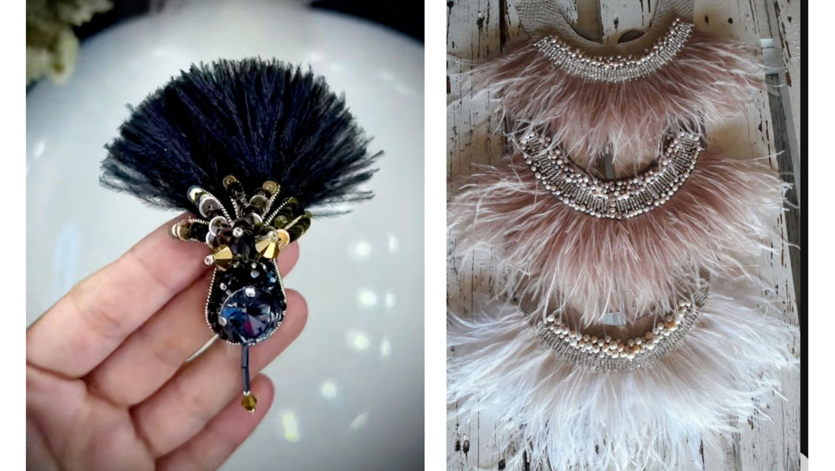Примеры аксессуаров с вышивкой и перьями