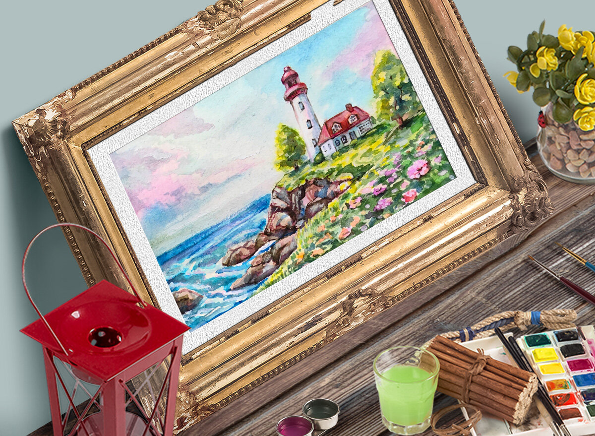 Акварельная горизонтальная иллюстрация маяка на скалистом берегу