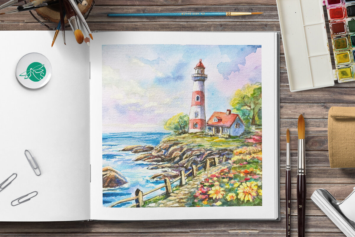 Маяк у скал. акварель и акварельные маркеры формат 20х20