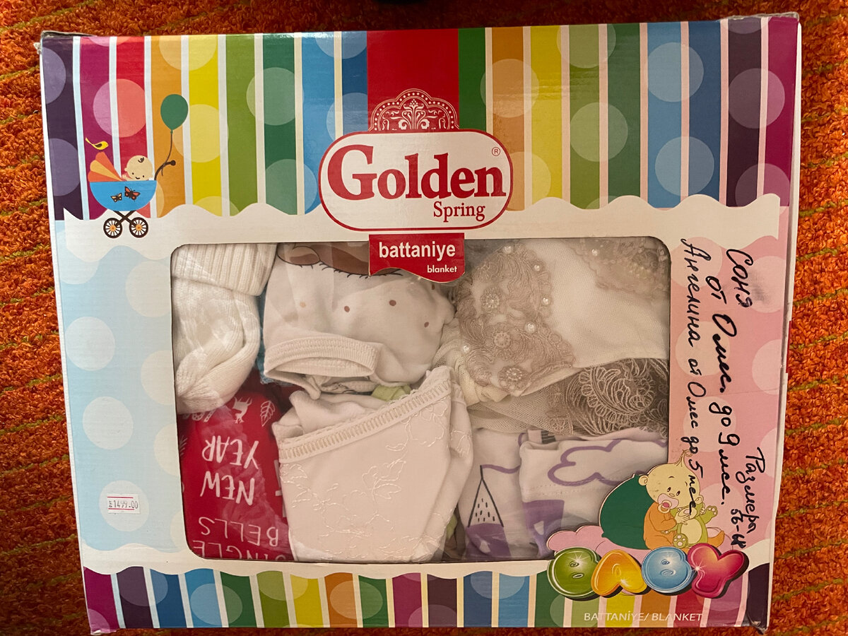 Коробочка с вещами от 0 мес до 5-6 месяцев. Размер коробки 40*35*10, так что вещей на первое время совсем немного☺️