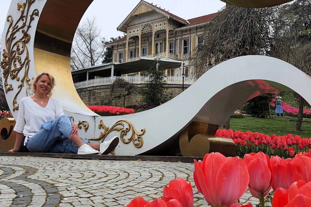 Парк Эмирган. На заднем плане один из трех османских особняков = Желтый павильон