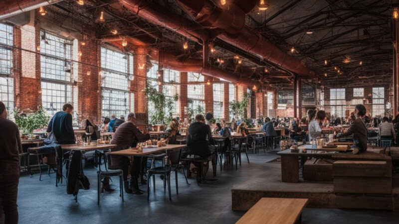     Каким нейросеть "Кандинский" видит фудкорт на Сереброплавильном заводе в Барнауле.