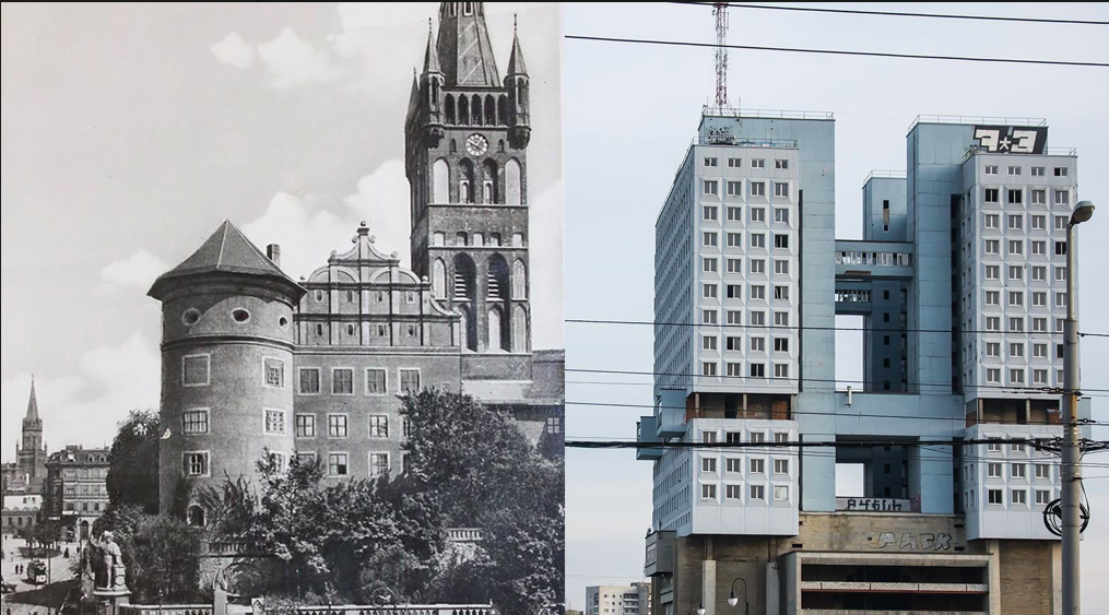 Слева - символ эпохи Кёнигсберга- Королевский замок ( ныне разрушен), справа символ эпохи Калининграда - Дом Советов ( в стадии демонтажа).