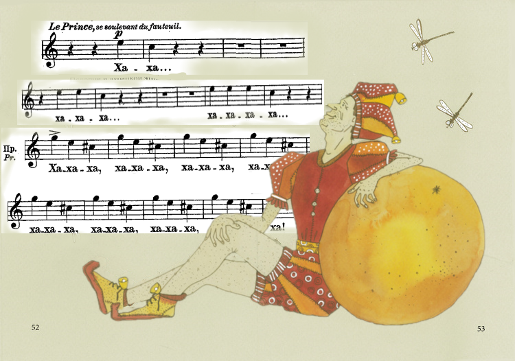 Момент из оперы, когда Принц засмеялся. Смотрите, вначале Прокофьев пишет две ноты, много пауз, а потом уже героя не остановить, он по три раза сверху вниз заливисто хохочет.