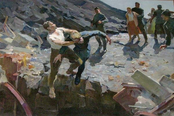 Во время казни лидер подпольного движения Иван Клименко успел схватить одного фашиста и бросился с ним в шурф шахты имени Красина.
Картина из экспозиции Шахтинского краеведческого музея.