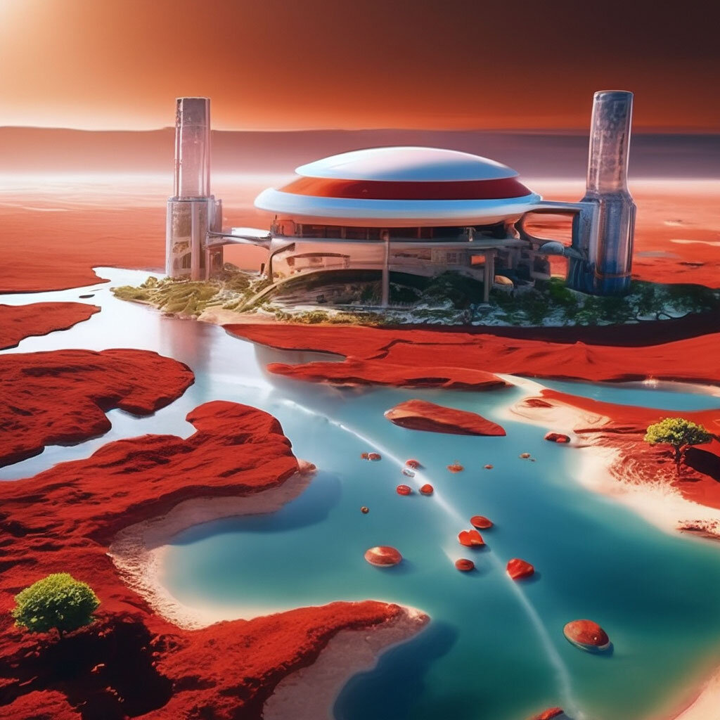 terraforming Mars, red water plants, building, water, ocean