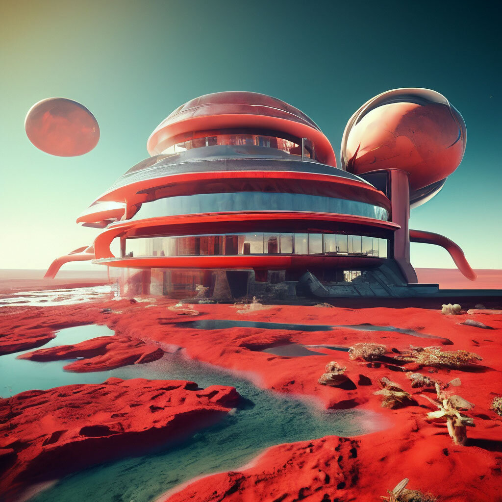 terraforming Mars, red water plants, building, water, ocean  retro chronograph