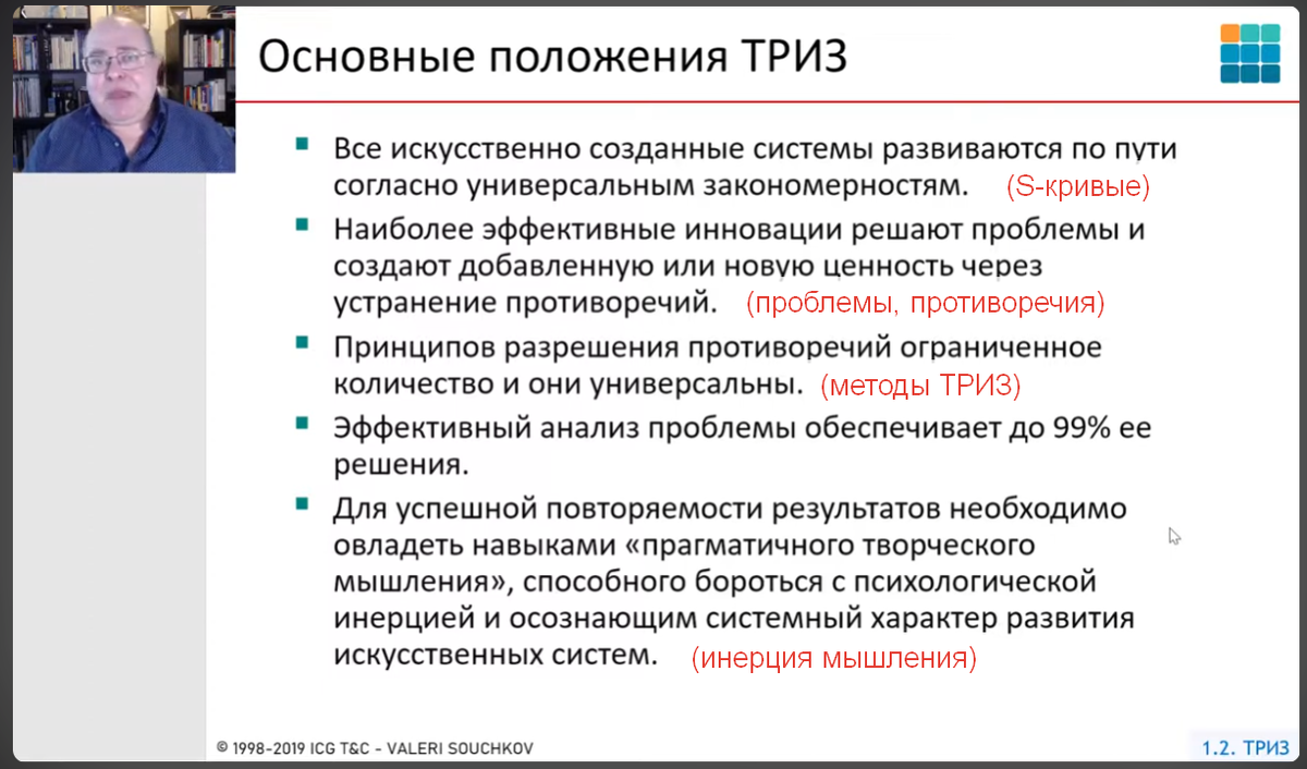 Рисунок 2. Скрин из видео-лекции со списком основных положений ТРИЗ